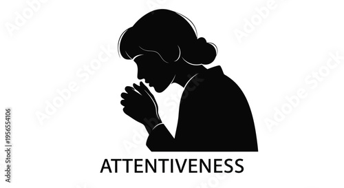 Silhouette of a woman in prayer, attentiveness concept, black shadow isolated on white background