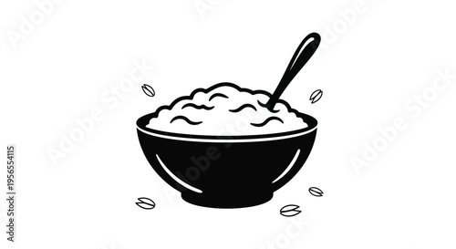 Black silhouette bowl of oatmeal with spoon vector flat design isolated on white background