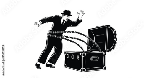 Man in suit and hat chained to open treasure chest in black silhouette style isolated on white background