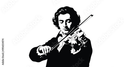 Beethoven silhouette playing violin with bow isolated on white background