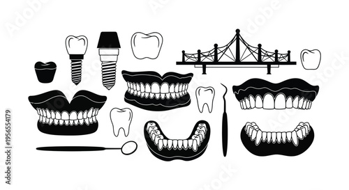 Black and white dental flat design with teeth, dental implants, and tools isolated on white background