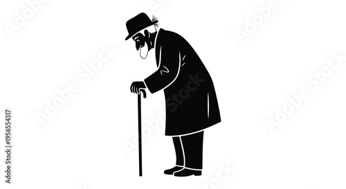 Silhouette of elderly man in coat and hat leaning on cane isolated on white background