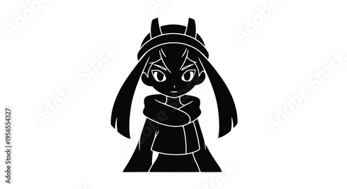 Black silhouette of anime girl with horns and ponytails isolated on white background