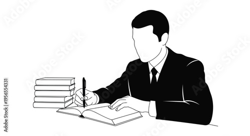 Businessman writing in a book at a desk with stacked books beside him in a minimalist flat black silhouette style isolated on white background