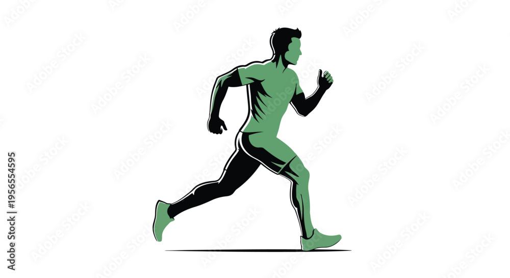 Fototapeta premium Green and black illustration of a man running in a minimalist flat design style isolated on white background