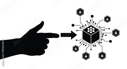 Hand pointing to a secure blockchain network with connected data blocks and cryptographic elements.