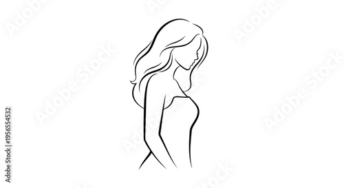 Minimalist line art illustration of woman with long hair in profile isolated on white background