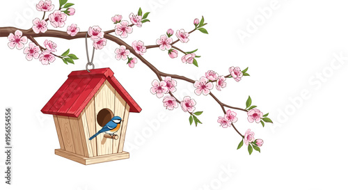Bird perched on birdhouse hanging from cherry blossom tree branch, flat illustration isolated on white background