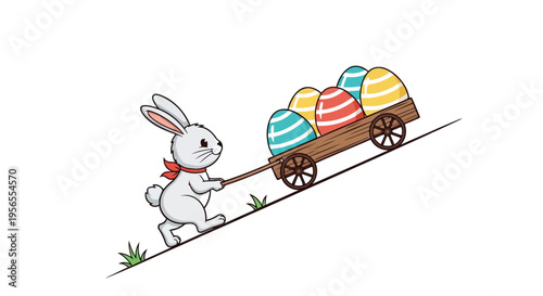 White bunny pulling a wagon with colorful Easter eggs on a in a flat illustration isolated on white background
