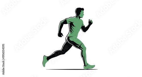 Green and black illustration of a man running in a minimalist flat design style isolated on white background