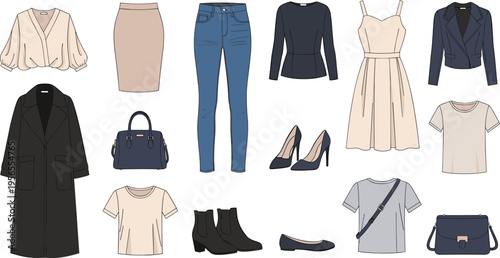 Fashion Clothing and Accessories Set with Dresses, Tops, Pants, Shoes, and Handbags for Lifestyle, Apparel, and Retail Designs