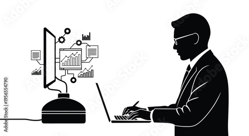 Silhouette of businessman analyzing complex digital data trends using a laptop computer system