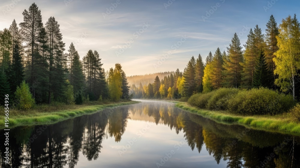 Obraz premium A serene river flowing through a forest with trees reflecting on the water
