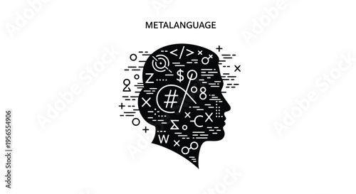 Metalanguage concept with human head silhouette filled with various symbols and coding characters in a flat vector style isolated on white background