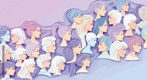Pastel aesthetic woman profile vector illustration, diverse female characters with flowing hair, community of women in soft purple and blue tones
