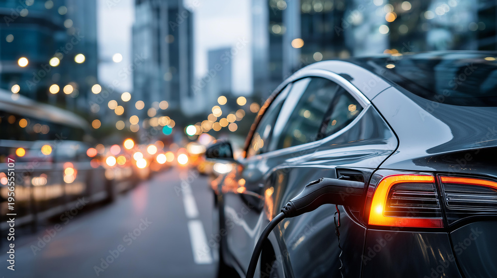 Fototapeta premium Electric vehicle charging amid busy city environment, shift towards sustainable transportation and technology integration in urban life concept, defocused background, with copy