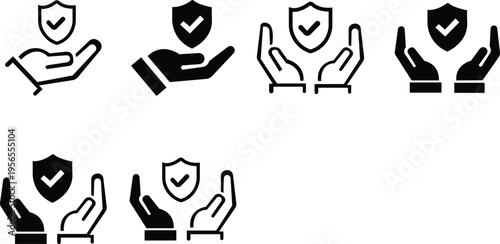 Insurance in hand icons set. Hands holding Insurance sign. Shield with checkmark icon. Insurance and assurance symbol. Hands holding protect shield flat and line style - stock See More. Isolated on tr