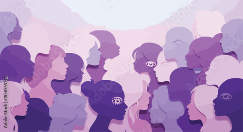 Diverse women profile silhouettes in purple and pink tones, female empowerment and community concept vector, group of women faces in flat style