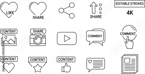 Flat design social media engagement icons set with editable strokes in 4K resolution