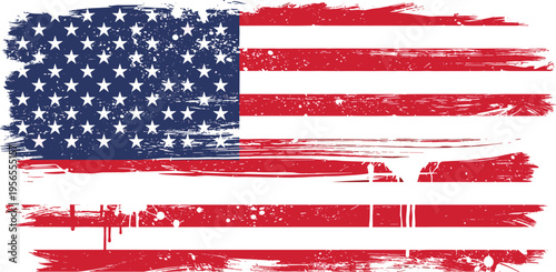 WebDistressed American flag vector, grunge USA flag with paint splatters, vintage patriotic United States banner, fourth of July, national pride, isolated.