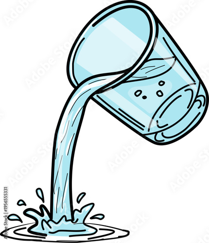 A clear glass is tilted, pouring out water that splashes onto a white surface, depicted in a cartoon style.