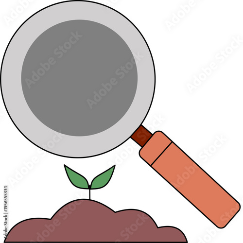 A magnifying glass examining a tiny green plant sprout emerging from brown soil, symbolizing growth and investigation.