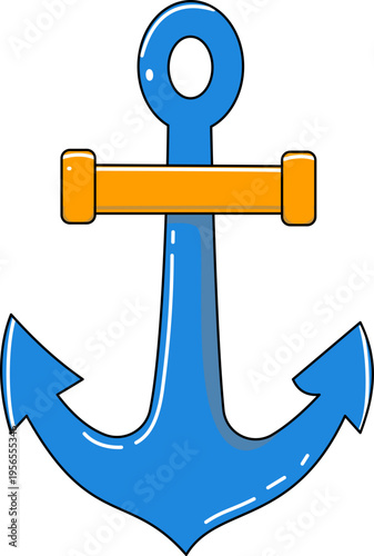 A cartoon illustration of a blue anchor with an orange crossbar, a classic maritime symbol.