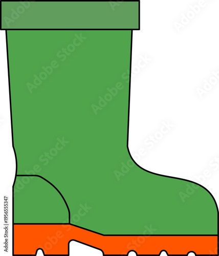 A simple graphic illustration of a single green rubber boot with an orange sole and a dark green top rim.