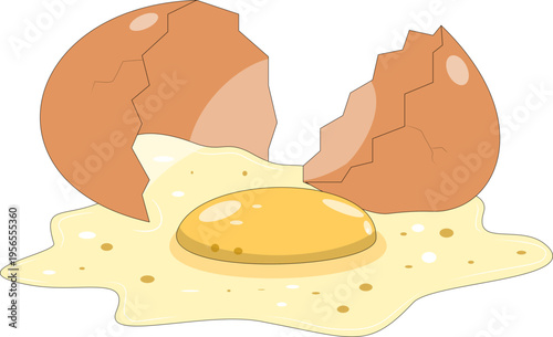 Cartoon illustration of a single brown egg cracked open with its raw yolk and white spilled out.