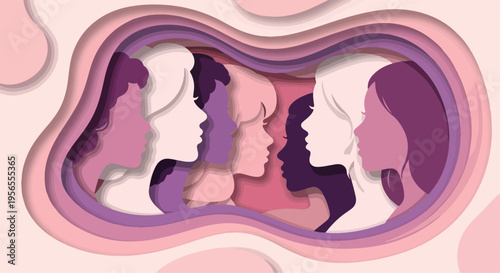 Paper cut style women silhouettes, diverse female profiles in pink and purple tones, international women's day vector, empowerment and sisterhood concept