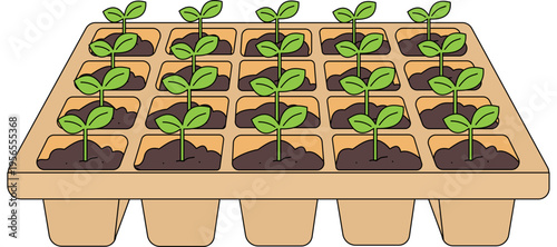An illustration of a beige seedling tray with twenty small green plant sprouts growing in dark brown soil, ready for transplanting.