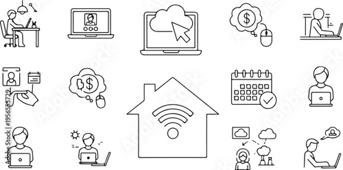 flat design wireless network concept with business and technology icons around router