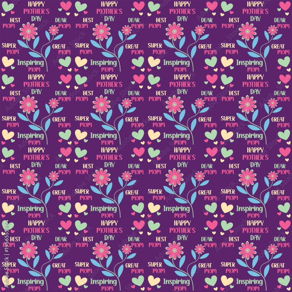 Naklejka premium Happy Mother’s Day seamless pattern with flowers, hearts typography