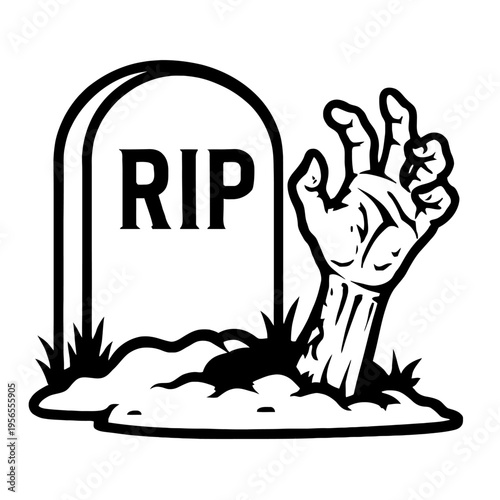 Zombie Hand Rising from Grave with RIP Tombstone Vector Illustration. Spooky Halloween Grave Scene with Undead Arm Emerging from Ground. Classic Horror and Supernatural Graphic Element.
