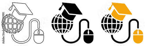 Online Education and Global E-Learning Vector Icon Set with Graduation Cap Globe and Mouse