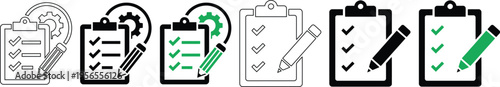 Project Management and Checklist Vector Icon Set with Clipboard Pencil and Progress Gear