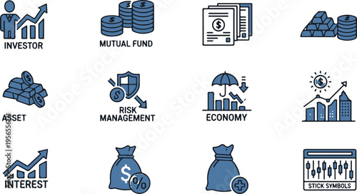 Flat design icons illustrating investment and financial growth concepts with economy and asset management