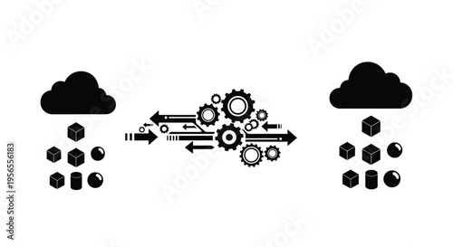 Cloud computing concept depicting data input, complex processing gears, and output flow