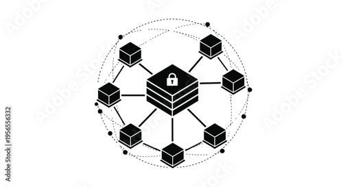 Digital network concept featuring a central secure block connected to surrounding peer nodes illustrating distributed ledger technology
