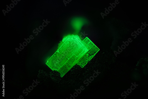 Autunite under long wave UV. Specimen from La commanderie, Le temple, Deux-Sèvres, France . Micro photography extreme close-up. microscope mineral crystal photography for Scientific use