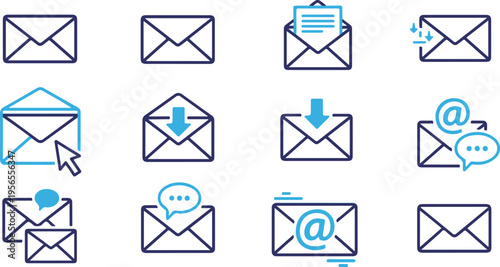 Flat design email notification icons set with digital communication symbols and envelope actions