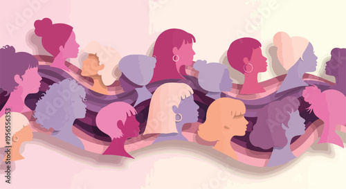 Diverse women silhouettes in pink and purple tones, female empowerment concept vector, group of diverse women profiles for International Women's Day