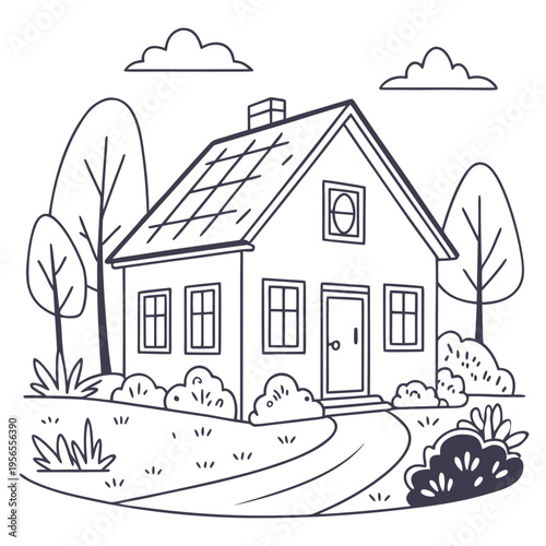 Cozy house exterior with trees and clouds outline