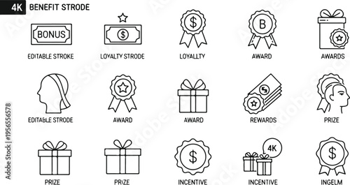 4K benefit strategy icons set with rewards, loyalty, and employee incentives for business success