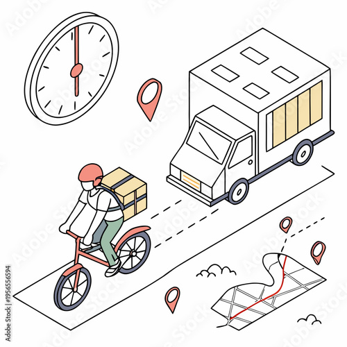 Logistics delivery service with bicycle courier truck and map route