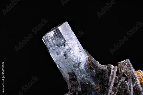 Aquamarine on Schorl. Specimen from Erongo Mnt Region, Namibia. Micro photography extreme close-up. microscope mineral crystal photography for Scientific use