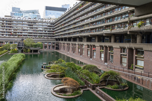 Photography Water gardens and concrete buildings at the Barbican, London, UK