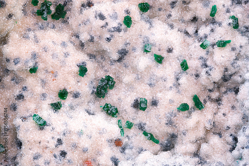 Malachite on Quartz. Specimen from Lupoto Mine, DR Congo. Micro photography extreme close-up. microscope mineral crystal photography for Scientific use