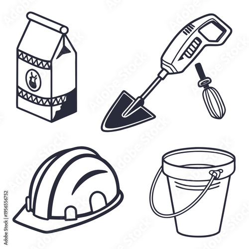 Construction site and masonry work tool icon set with hard hat and bucket