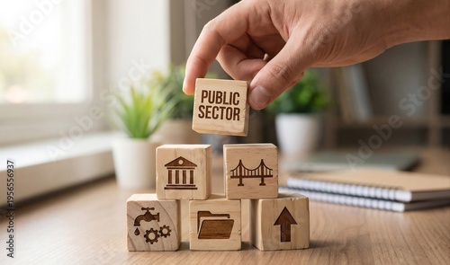 Public Sector Concept with Wooden Blocks, Government Services and Infrastructure Icons